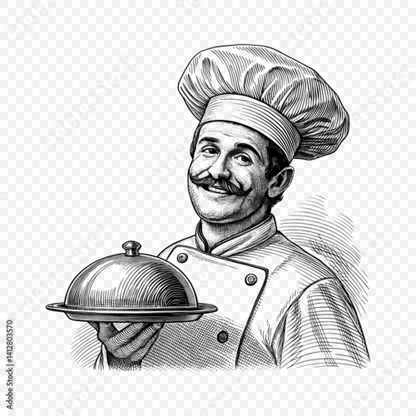 Obraz Classic Chef with Serving Platter. Engraving style Vector Illustration.