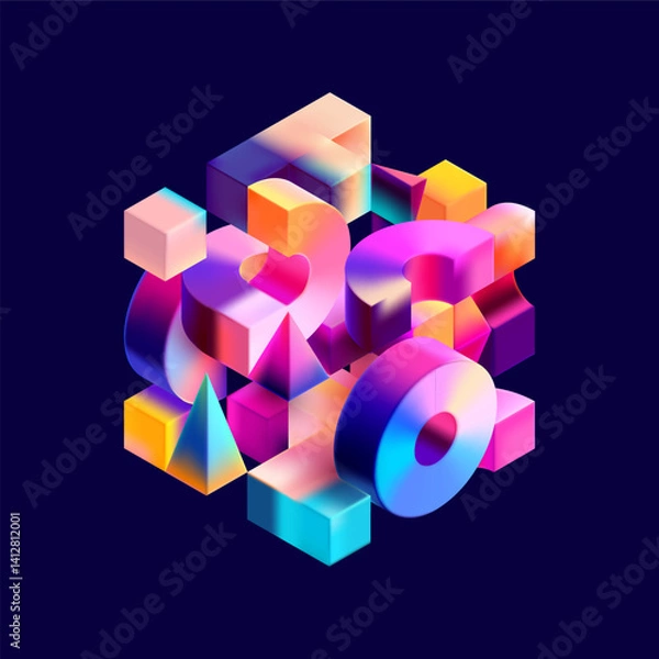 Obraz Multicolored 3D cube.  Glass iridescent geometric shape.