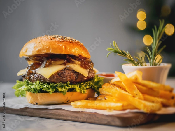 Fototapeta Gourmet burger stacked with cheese, lettuce, onion jam, rosemary fries on light-gray tabletop, soft natural light and minimalist backdrop with empty space for text.