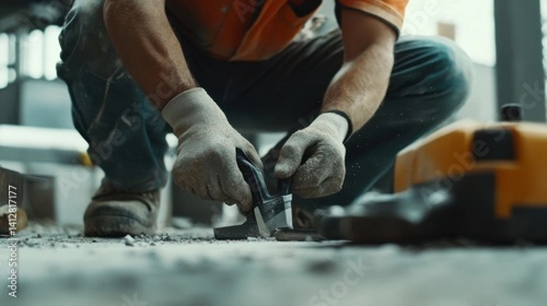 Fototapeta Construction worker cleaning tools at a construction site. Featuring maintenance and organization