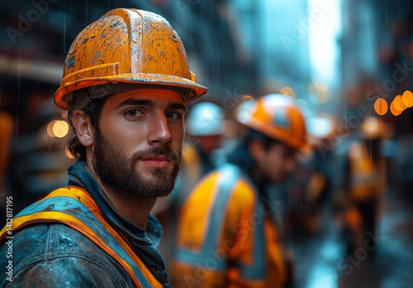 Fototapeta Industrial construction scene featuring a determined worker in a hard hat and reflective vest amid a bustling job site. A powerful representation of labor, safety, and perseverance.