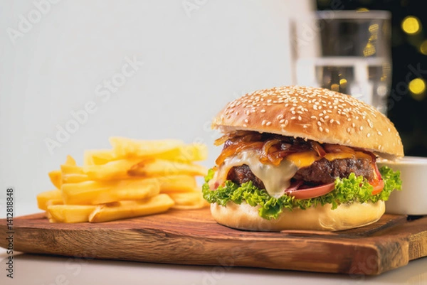 Fototapeta Gourmet burger stacked with cheese, lettuce, onion jam, rosemary fries on light-gray tabletop, soft natural light and minimalist backdrop with empty space for text.