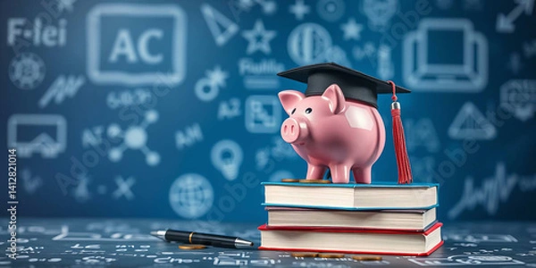 Fototapeta a pink ceramic piggy bank wearing a black graduation cap with a red tassel, symbolizing education and savings. The piggy bank is placed on top of two stacked hardcover books with worn edges, suggestin
