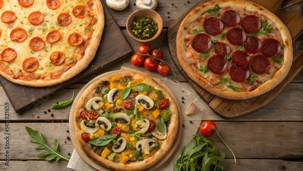 Fototapeta A tasty Italian pizza with mushrooms and tomatoes, featuring mozzarella and a baked crust, sits on a wooden table