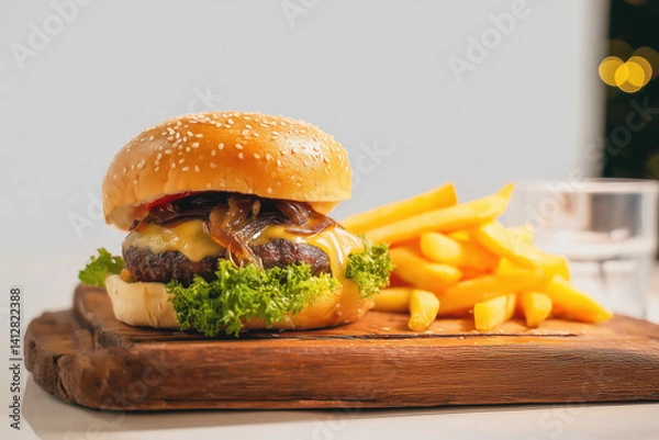 Fototapeta Gourmet burger stacked with cheese, lettuce, onion jam, rosemary fries on light-gray tabletop, soft natural light and minimalist backdrop with empty space for text.