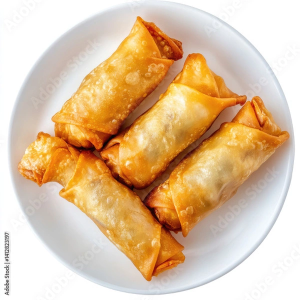 Fototapeta A top view of five golden brown egg rolls arranged on a white circular plate food