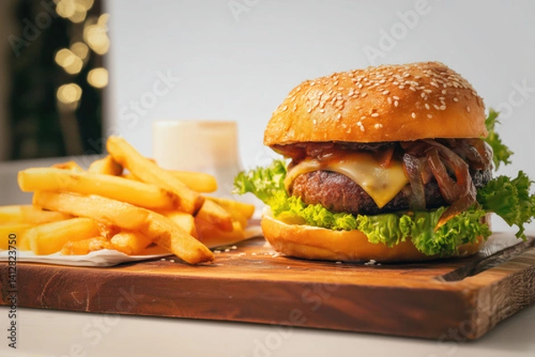 Fototapeta Gourmet burger stacked with cheese, lettuce, onion jam, rosemary fries on light-gray tabletop, soft natural light and minimalist backdrop with empty space for text.