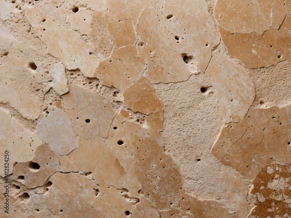Fototapeta A textured stone surface with natural holes and cracks, displaying rugged, earthy tones and organic patterns, ideal for backgrounds and architectural design.