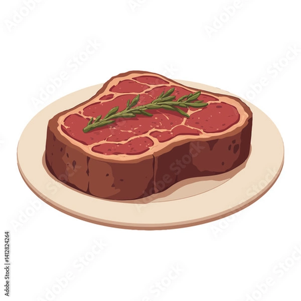 Obraz Cooked Steak on a Plate with Rosemary Isolated Hand Drawn Vector Illustration