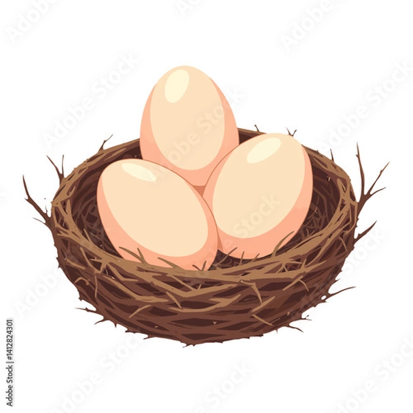 Fototapeta Three Eggs in the Nest Bird Family Isolated Hand Drawn Vector Illustration with Transparent Background