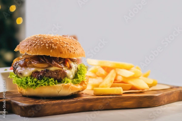 Fototapeta Gourmet burger stacked with cheese, lettuce, onion jam, rosemary fries on light-gray tabletop, soft natural light and minimalist backdrop with empty space for text.