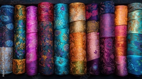 Fototapeta Colorful rolls of patterned fabric