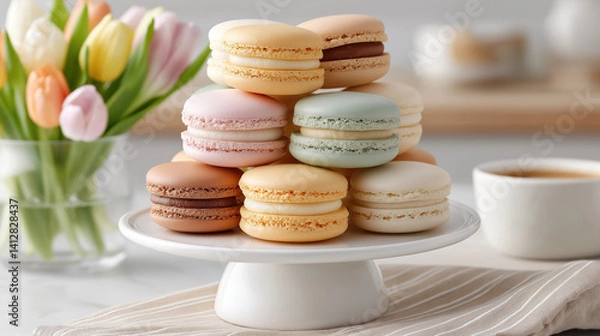 Fototapeta Colorful Macarons Delight With Springtime Tulips
Sweet Treats And Coffee Create Perfect Moments