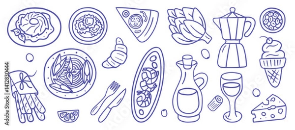 Fototapeta Hand-drawn icons of classic Italian cuisine including ravioli, pasta, pizza, wine, espresso, cheese, ice cream, breadsticks, artichoke, and more. Ink-imitating line drawing for culinary designs.