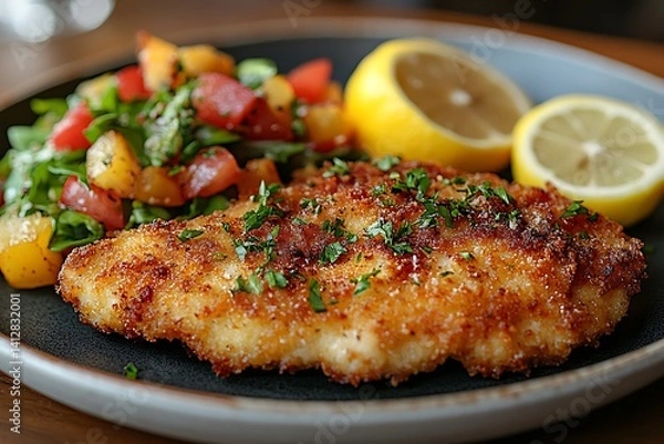 Fototapeta Delicious Breaded Chicken Cutlet Served With Fresh Salad And Lemon Wedges