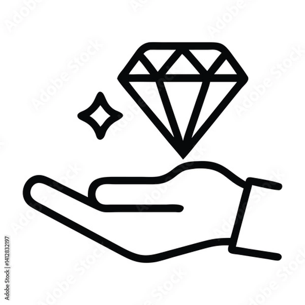 Fototapeta Diamond in Hand Icon isolated on a white background. Hand Holding a Shining Diamond, Vector Art of Precious Gem Presented on an Open Palm. Open Hand Offering a Sparkling Diamond Vector Illustration. 