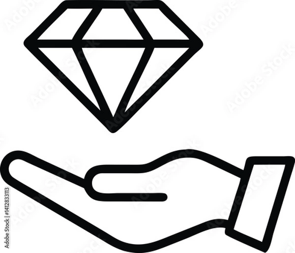 Fototapeta Diamond in Hand Icon isolated on a white background. Hand Holding a Shining Diamond, Vector Art of Precious Gem Presented on an Open Palm. Open Hand Offering a Sparkling Diamond Vector Illustration. 