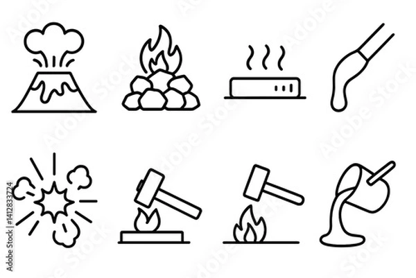 Fototapeta outline vector icons of hot materials: lava icon, burning coal, red metal, molten material, forge heat, steam burst, fire and metal, smelting pot. ine style icons in a modern, minimalist design.