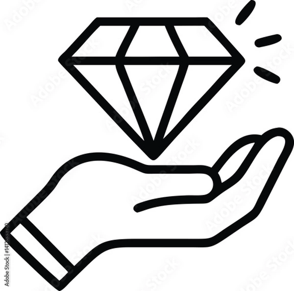 Fototapeta Diamond in Hand Icon isolated on a white background. Hand Holding a Shining Diamond, Vector Art of Precious Gem Presented on an Open Palm. Open Hand Offering a Sparkling Diamond Vector Illustration. 