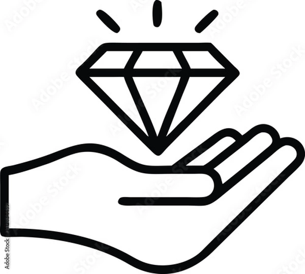 Fototapeta Diamond in Hand Icon isolated on a white background. Hand Holding a Shining Diamond, Vector Art of Precious Gem Presented on an Open Palm. Open Hand Offering a Sparkling Diamond Vector Illustration. 