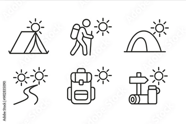 Obraz outline vector icons of camping gear: tent, camp stove, lantern, sleeping pad, cooler, camp chair, rope, matchbox. ine style icons in a modern, minimalist design.