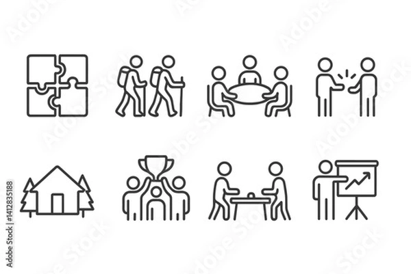 Fototapeta outline vector icons of team building: puzzle pieces, group hike, team lunch, icebreaker icon, retreat icon, shared win, team game, workshop icon. set of line style icons in a modern, minimalist