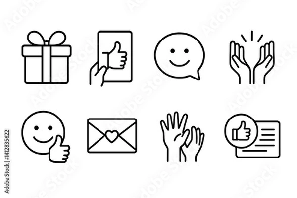 Obraz outline vector icons of appreciation gestures: gift icon, thumbs up card, thanks bubble, gratitude hands, smile with thumb, appreciation letter, team cheer, positive mention. set of line style icons