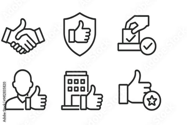 Fototapeta outline vector icons of thumbs and trust: handshake with thumb, secure icon with like, trusted vote, verified trust thumbs, client approval icon, business credibility, feedback rating, reliability