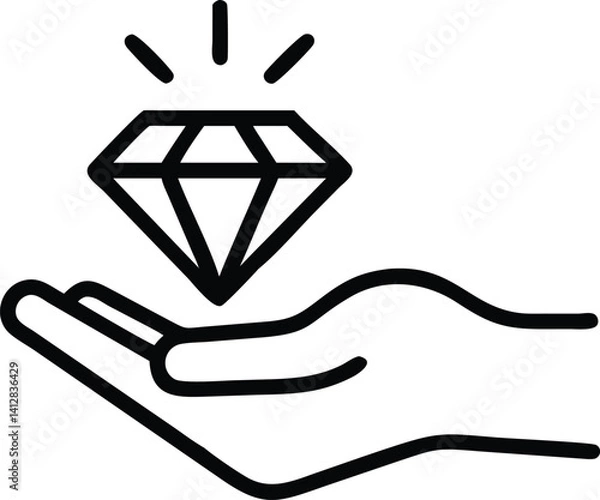 Fototapeta Diamond in Hand Icon isolated on a white background. Hand Holding a Shining Diamond, Vector Art of Precious Gem Presented on an Open Palm. Open Hand Offering a Sparkling Diamond Vector Illustration. 