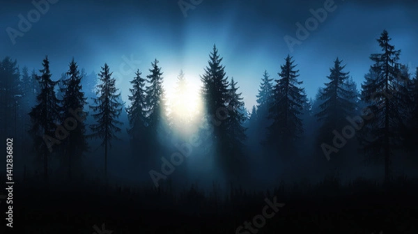 Obraz Thick conifer trees stand tall in a dark forest as soft light filters through the branches at dawn, creating a surreal and mystical ambiance. The ethereal glow enhances the dark surroundings.