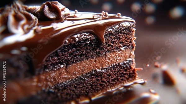 Obraz A rich chocolate cake with ganache and creamy filling stands out against a blurred background, showcasing its tempting texture perfect for dessert lovers.