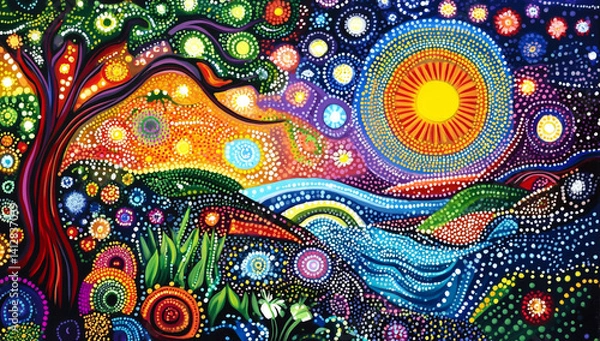 Obraz A detailed and colorful painting of an indigenous dot art pattern depicting the natural world.