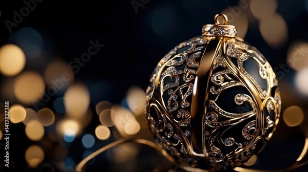 Obraz A stunning gold ornament featuring a detailed design is placed on a softly lit surface. The warm glow of surrounding lights adds a festive and elegant atmosphere.