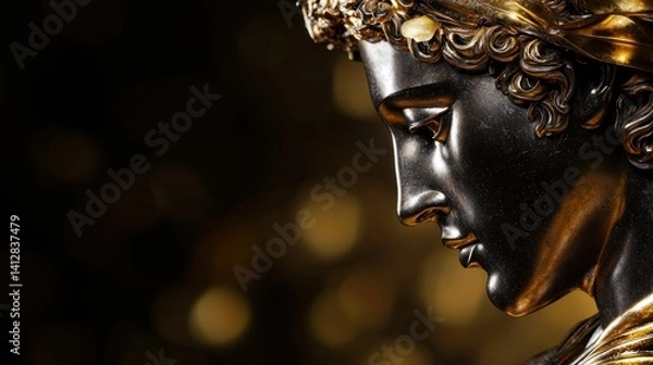 Fototapeta A stunning bronze sculpture captures the profile of a figure with intricate curls and defined facial features.