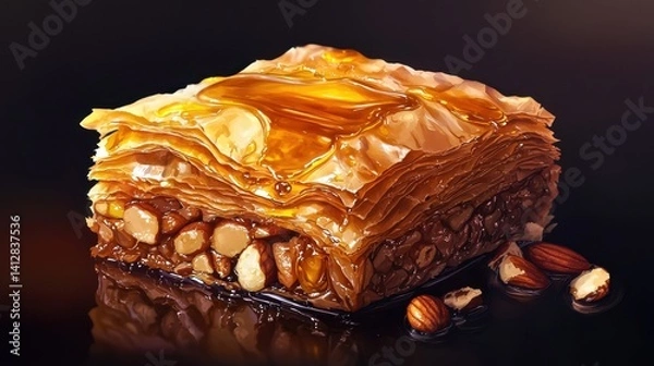 Fototapeta Baklava is presented as a rich dessert featuring layers of flaky pastry filled with chopped nuts and drenched in honey. The glossy surface highlights its indulgent texture.
