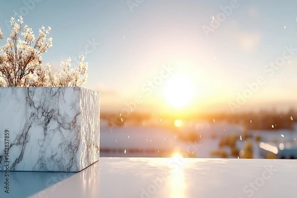 Fototapeta A serene sunrise scene featuring a potted plant on a marble table, with soft rain droplets adding to the tranquil atmosphere.