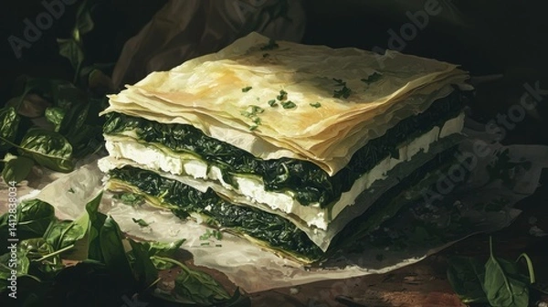 Fototapeta Layers of fresh spinach and creamy cheese are beautifully stacked on a rustic wooden table. The dish is garnished with herbs, creating an inviting and appetizing presentation.