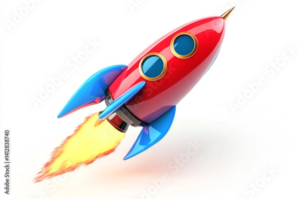 Obraz Red and Blue Cartoon Rocket Ship Launching into Space