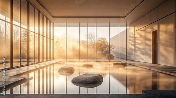 Fototapeta Serene Minimalist Meditation Hall with Zen Elements and Natural Light