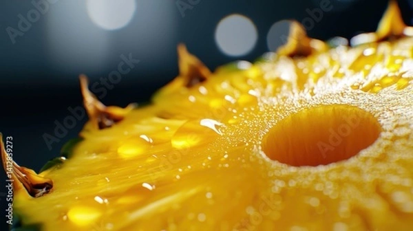 Obraz Detailed view of a pineapple slice highlighting its bright yellow flesh and spiky edges. Water droplets add freshness to the tropical fruit. The background is softly blurred.