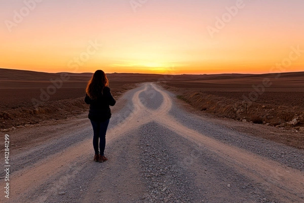 Fototapeta Silhouette at a crossroads with sunset on the horizon in an open landscape