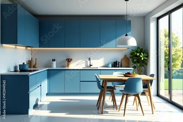 Fototapeta Modern minimalist kitchen interior design, blue low poly decor, natural light, blue, kitchen