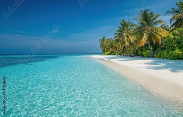 Fototapeta Serene Tropical Paradise with Crystal Clear Water and Private Sandy Shoreline Surrounded by Lush Palm Trees and Vibrant Greenery Under a Clear Blue Sky