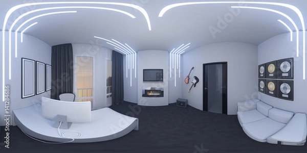 Fototapeta 3d illustration of interior design of a home office in a space style. Render is executed, 360 degree spherical seamless panorama for virtual reality. Cabinet musician.