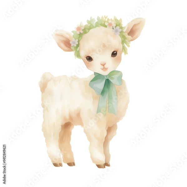 Fototapeta Easter lamb with a green bow on a transparent background