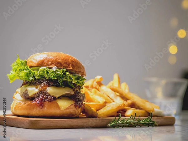 Fototapeta Gourmet burger stacked with cheese, lettuce, onion jam, rosemary fries on light-gray tabletop, soft natural light and minimalist backdrop with empty space for text.