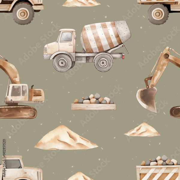 Fototapeta GeneraSeamless cute pattern with truck and concrete mixer. Repetitive children's wallpaper with cars. Construction-themed background for boys.ted image