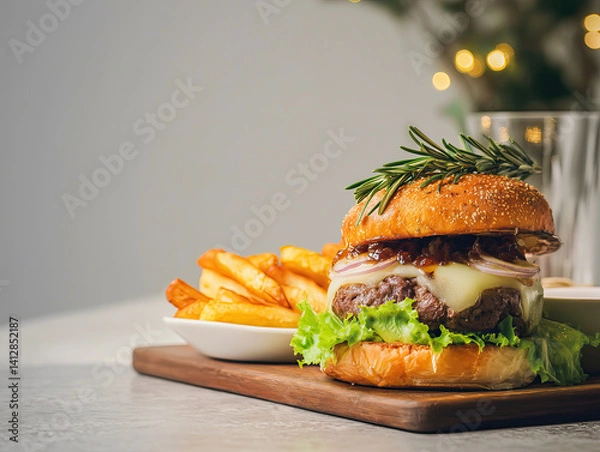 Fototapeta Gourmet burger stacked with cheese, lettuce, onion jam, rosemary fries on light-gray tabletop, soft natural light and minimalist backdrop with empty space for text.
