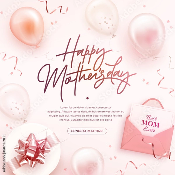 Fototapeta Happy mother's day square web banner, poster, greeting card design template. Realistic 3d helium balloons, envelope and gift box. Mother day background. Vector illustration