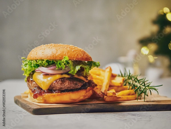 Fototapeta Gourmet burger stacked with cheese, lettuce, onion jam, rosemary fries on light-gray tabletop, soft natural light and minimalist backdrop with empty space for text.
